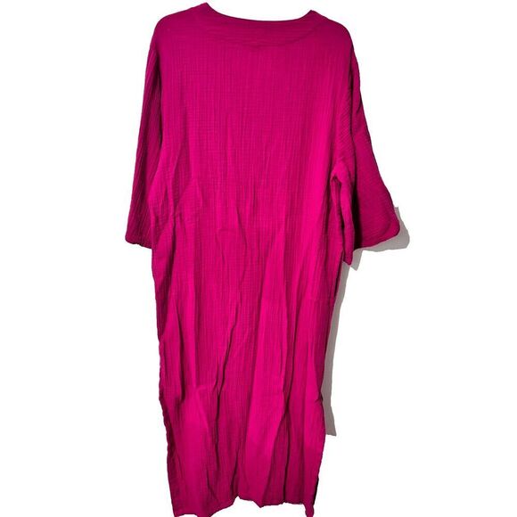Ocean + Main Gauze Midi Dress Pink Medium 3/4 Sleeve Slit V-Neck Pockets - Picture 2 of 9